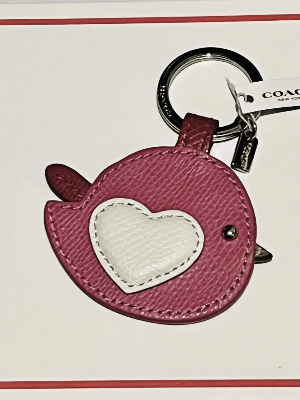 COACH LOVE BIRD HEART LEATHER KEY CHAIN PINK WHITE RED RETIRED W/BOX